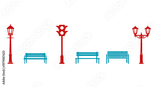City elements including street lamps, benches, and urban design objects.