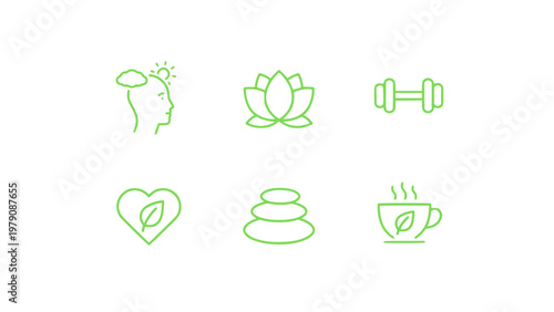 Health and lifestyle icons including yoga, fitness, and relaxation elements.