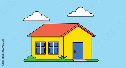 A simple yellow house with a red roof and blue door