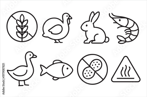 Allergen warning icons depicting common food sensitivities and cautions