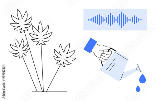 Plant growth concept. a watering can pouring water on plants nurturing and care. A sound wave s sound technology or progress. For agriculture, sound analysis, sustainability, growth management