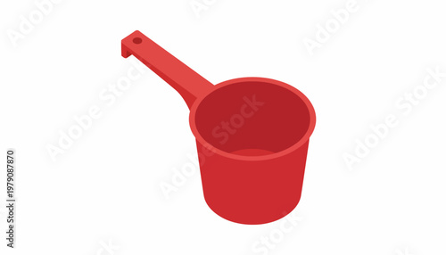 Red plastic ladle with handle, isolated on a white background, suitable for kitchen use and scooping liquids or dry goods
