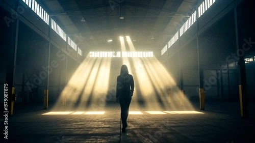 Person Walking Through Dark Warehouse with Light Beams.