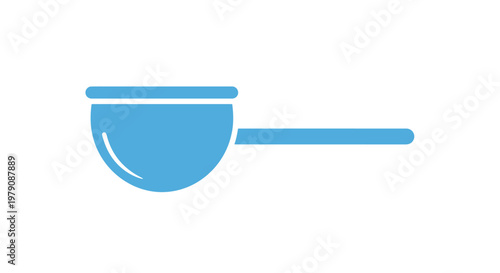 Simple blue illustration of a cooking ladle with a long handle, isolated on a white background, symbolizing kitchen tools and food preparation