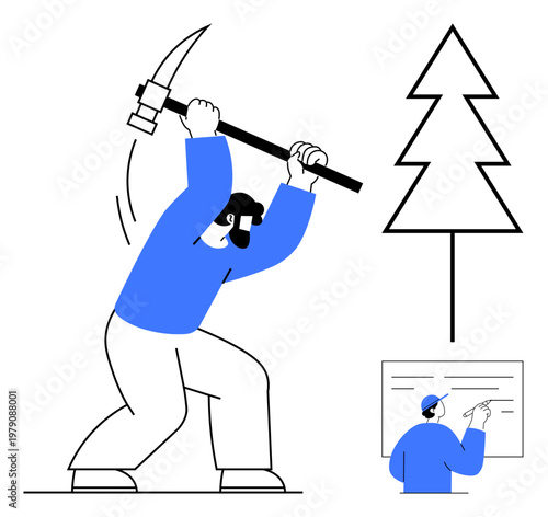 Environmental impact, resource mining, labor, data visualization, sustainability, industrial analysis. Person swinging pickaxe, tree icon figure presenting data. Environmental impact and resource