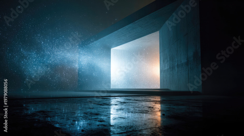 Modern Futuristic Gateway: Glowing Portal in Dark Concrete Space with Blue Light