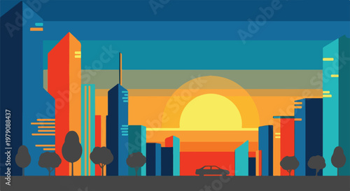 City Skyline with Skyscrapers and Sunset.