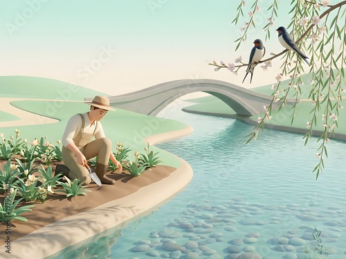 Qingming Festival concept illustration of a man gardening by a river with swallows and bridge.