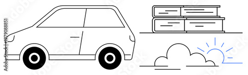 Education, travel, sustainability, minimal design, learning, exploration. A car, stack of books and a cloud with a sunrise. Education and travel concepts with sustainability and exploration