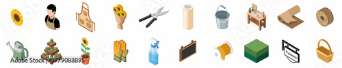 Comprehensive collection of isometric icons featuring florist equipment, gardening tools, and flower shop supplies on a white background.
