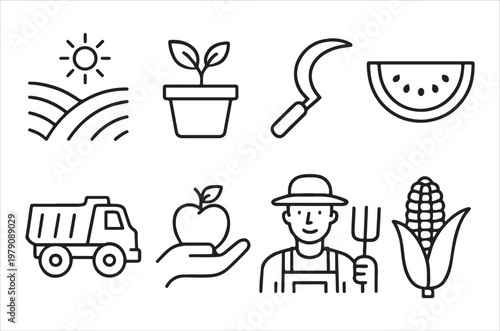 Farming and harvest themed icons sun plants fruit and tools