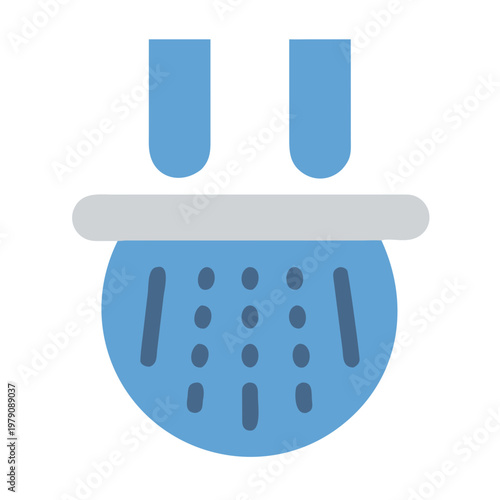 Blue colander icon with handles and drain holes isolated on black background.