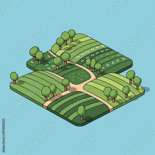 Isometric illustration of green farmland landscape.