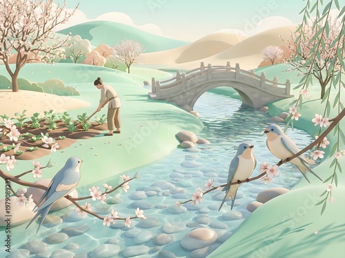 Peaceful spring landscape with a farmer gardening by a river under cherry blossoms.