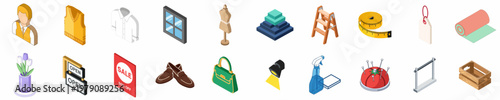 Collection of isometric clothing store and tailor shop icons, featuring apparel, tools, and store display elements on a white background.