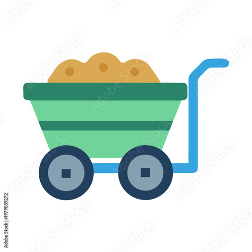 Green cart with sand-like material in the container against black background.