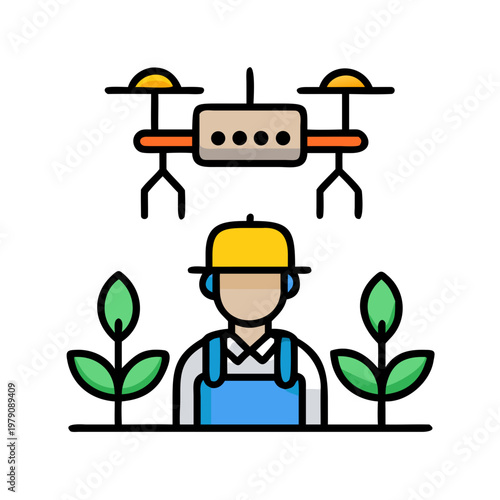 Drone for precision agriculture overseeing farmer, icon illustrating modern farming technology and practices