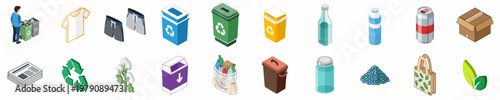 Isometric collection of waste management and recycling icons featuring bins, bottles, paper, and sustainable symbols for environmental conservation concepts.