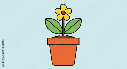 Cartoon potted plant with yellow flower on blue background