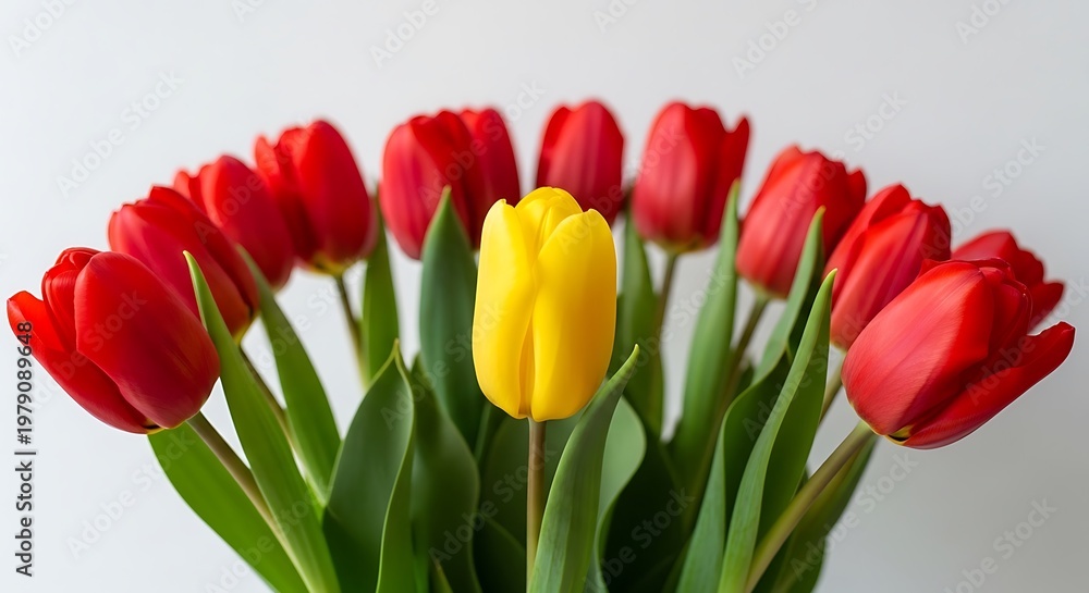 Obraz premium A bouquet of vibrant red tulips surrounding a single, bright yellow tulip against white