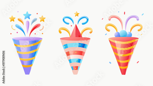 Colorful party poppers with confetti celebrate a joyous occasion