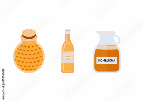 Three bottles of fermented drinks with different shapes and labels