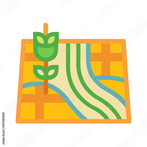 Flat icon illustration of a summer camping map with river and vegetation