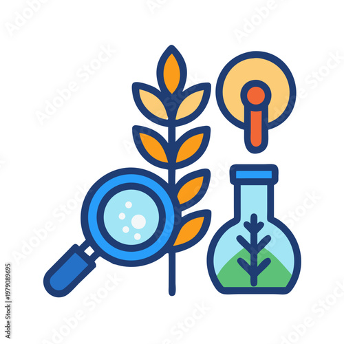 Agricultural biotechnology concept featuring wheat, magnifier, and lab flask in modern illustration