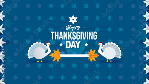 Happy thanksgiving day illustration with turkeys and festive decorations