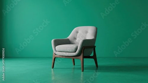 Stylish gray armchair with tufted backrest and wooden legs on green studio background with soft lighting