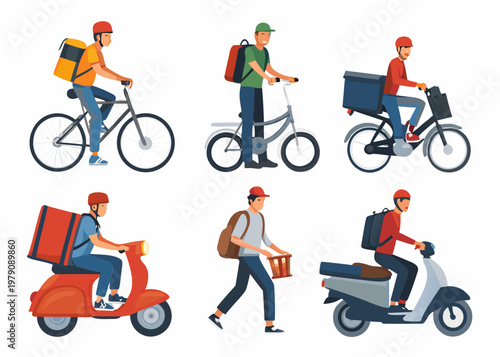 Delivery workers on bicycles scooters and foot transport packages