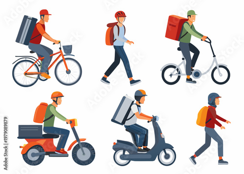 Delivery workers using various modes of transportation in a cartoon style