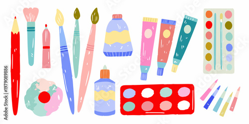 Colorful art supplies including paints brushes and modeling clay