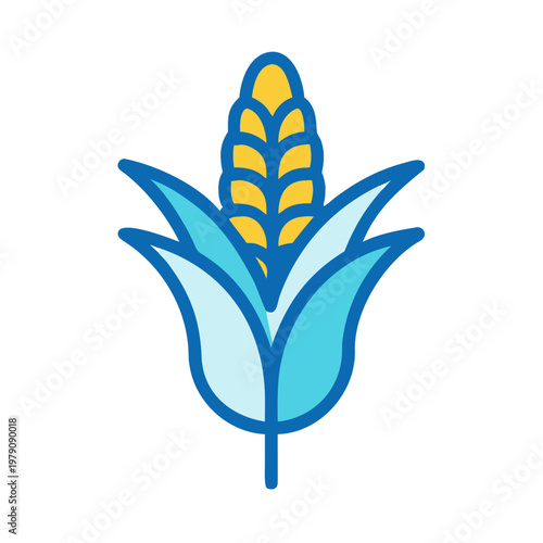 Simple illustration of an ear of corn with green leaves, flat design.