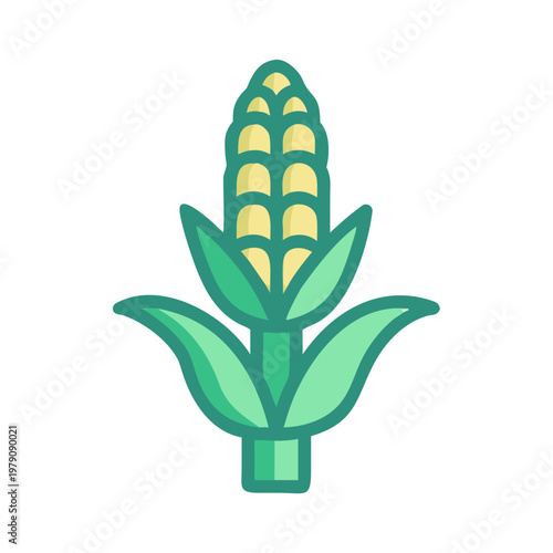Flat illustration of an ear of corn with green leaves on black background