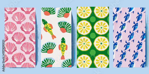 Colorful patterned bookmarks featuring shells fish fans lemons and aquatic life