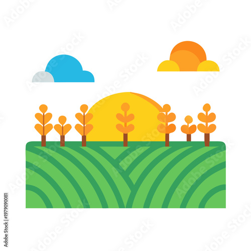 Konstfotografi Autumn field with rising sun, flat style vector illustration on black background