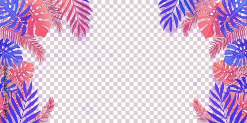 Tropical leaves in vibrant red and blue hues form a decorative frame