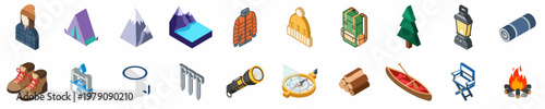 Comprehensive Collection of Isometric Icons for Camping, Hiking, and Outdoor Adventure Activities, Including Gear, Equipment, and Nature Elements