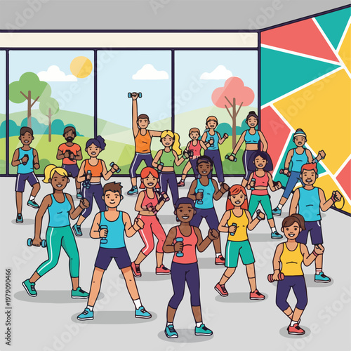 People exercising with dumbbells in a sunny fitness studio