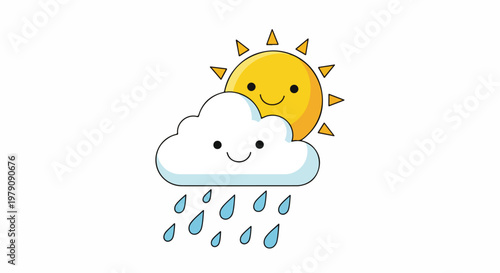Cartoon sun and smiling cloud with raindrops falling, set against a white background