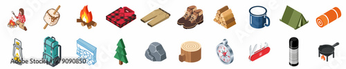 Comprehensive collection of isometric camping and outdoor adventure icons including a tent, backpack, campfire, hiking boots, and nature elements on a white background.