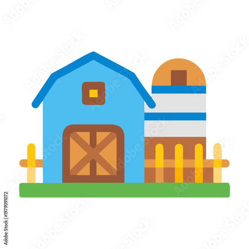 Charming farm illustration with blue barn and silo against a black background