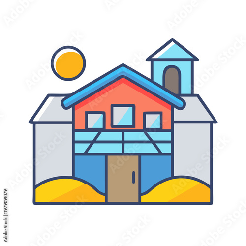 Whimsical Illustrated Beach House Icon with Yellow Sun on a Black Background