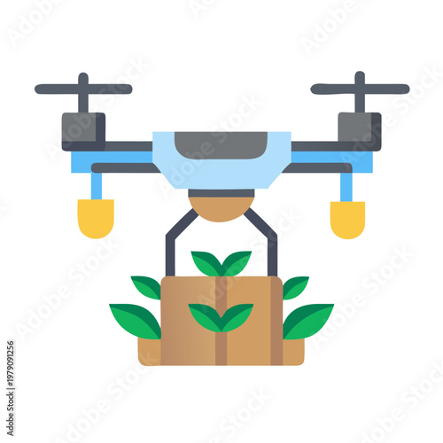 Drone delivering plants for sustainable agriculture in a flat design illustration