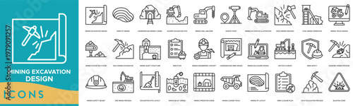 Mining Excavation Design Icon set. Open Pit Mining, Underground Mining Tunnel, Quarry Excavation Site, Mining Drill Machine, Survey Point and Mining Excavator