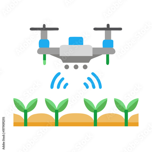 Agriculture drone spraying field of crops illustration in a flat design style