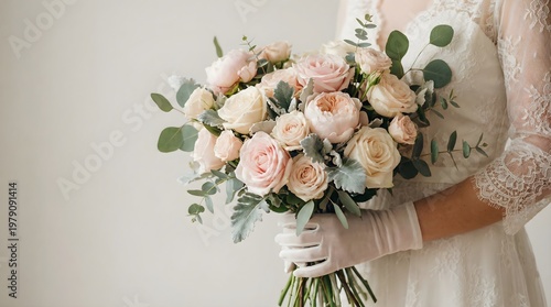 Elegant Bridal Bouquet with Pastel Roses and Peonies on Clean Background