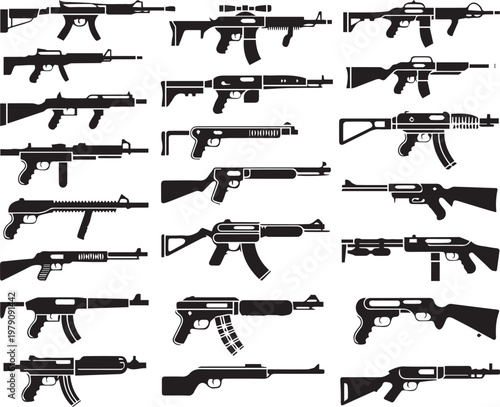 firearm sideview silhouettes set vector stencil outline rifle shotgun