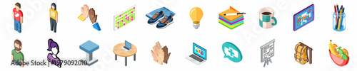 A comprehensive set of isometric icons depicting modern workplace culture, creative tools, teamwork, and business essentials for startups and freelancers.